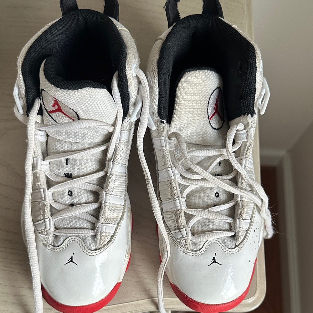 Kids White and Red Jordan Basketball Shoes
